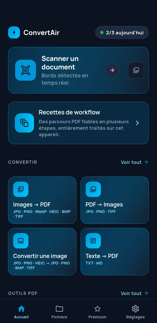 Écran d'accueil de ConvertAir : scanner un document, recettes de workflow et conversions