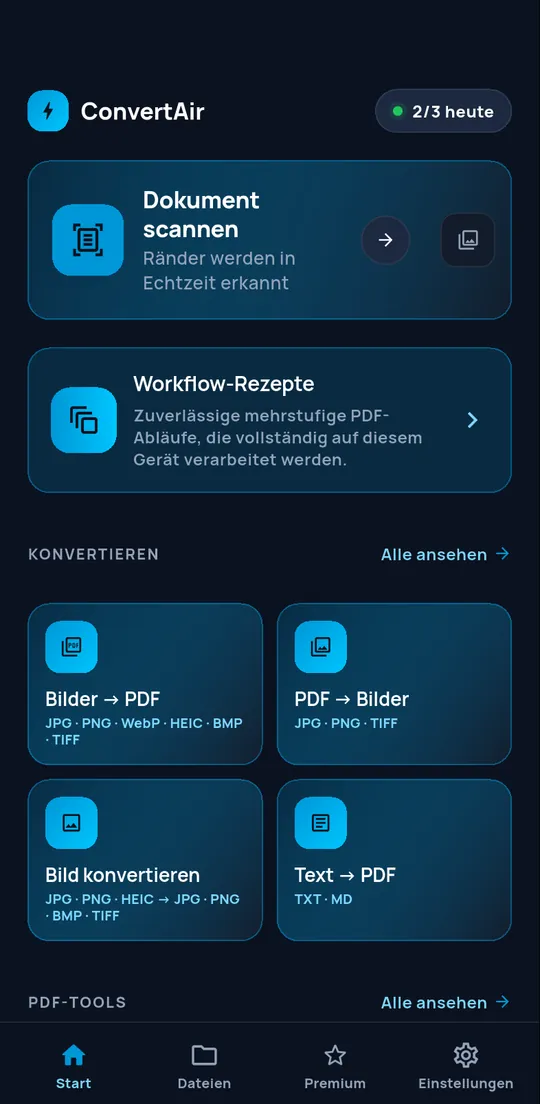 ConvertAir-Startbildschirm: Dokument scannen, Workflow-Rezepte und Konvertierungen