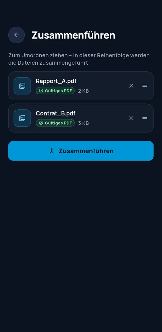 Zusammenführen-Bildschirm mit zwei geprüften PDFs