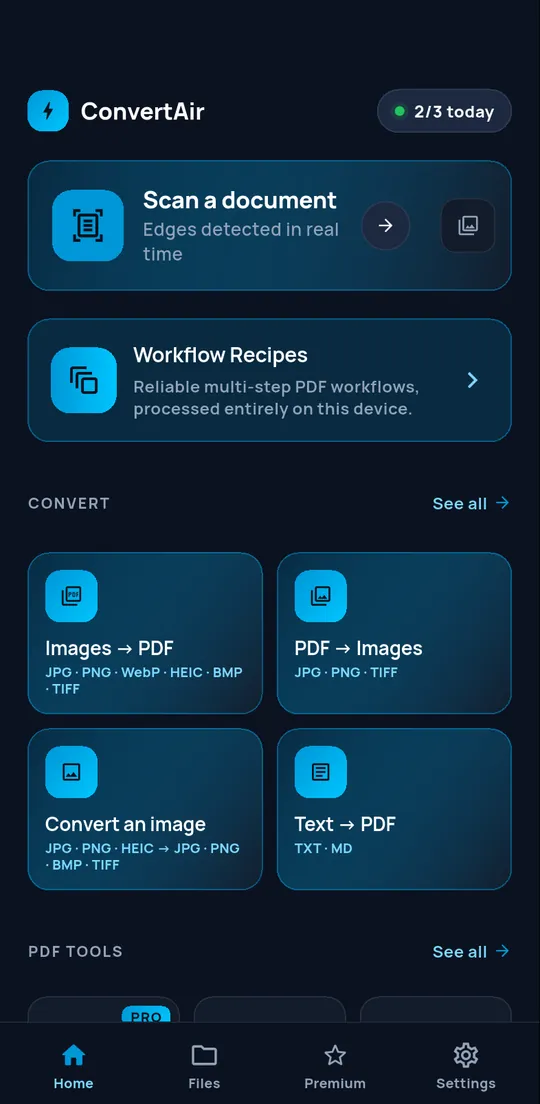 ConvertAir home screen: scan a document, workflow recipes and conversions