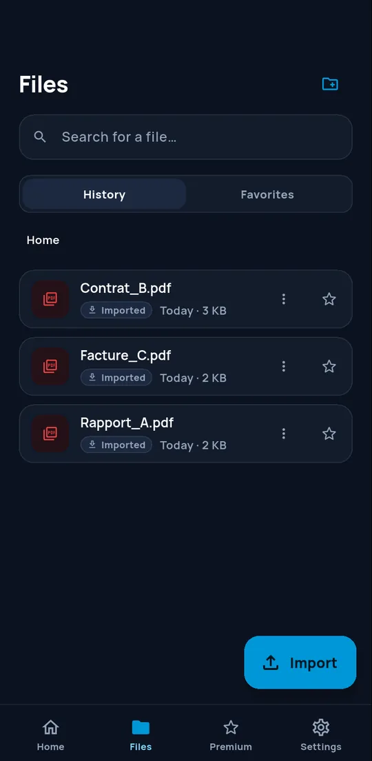 Files screen with local history