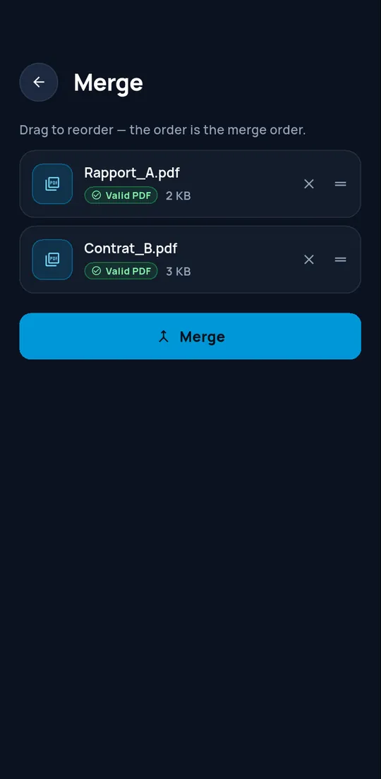 Merge screen with two verified PDFs