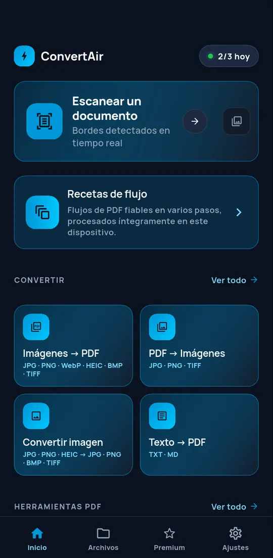 Pantalla de inicio de ConvertAir: escanear un documento, recetas de flujo de trabajo y conversiones