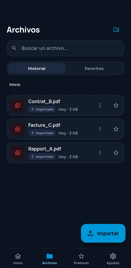 Pantalla Archivos con el historial local