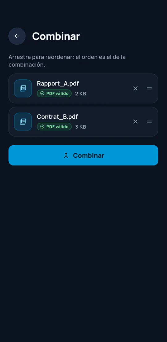 Pantalla Combinar con dos PDF verificados
