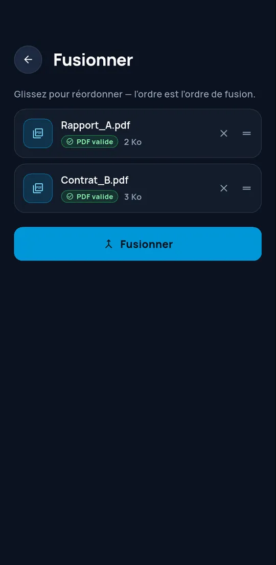 Écran Fusionner avec deux PDF vérifiés