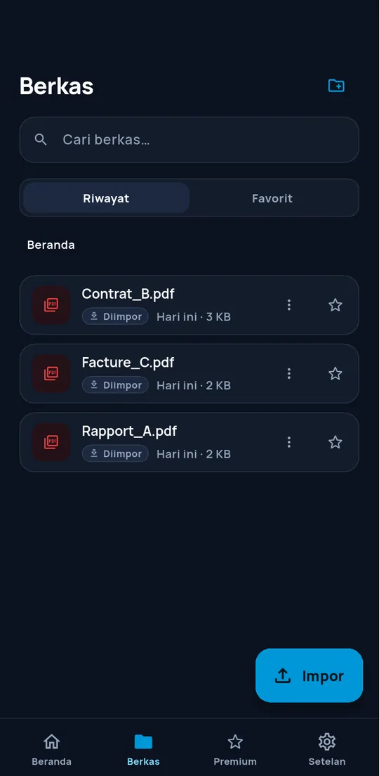 Layar Berkas dengan riwayat lokal