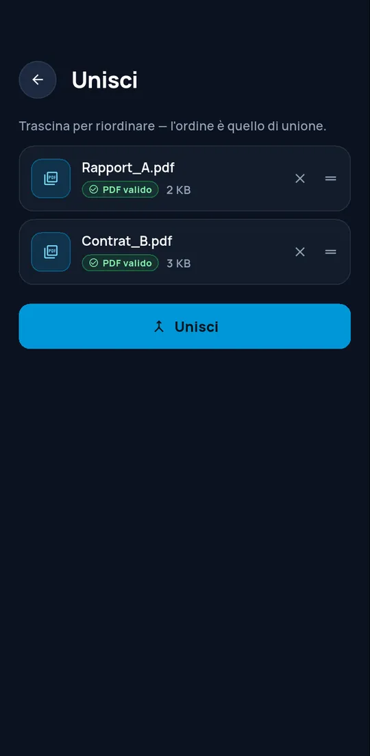 Schermata Unisci con due PDF verificati