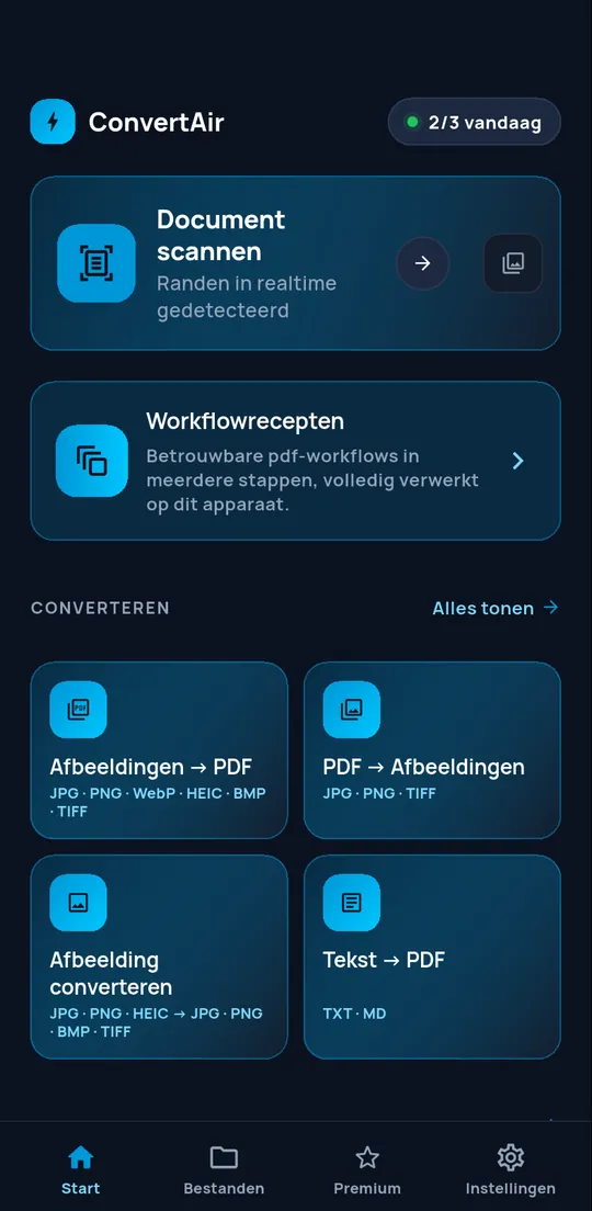 Startscherm van ConvertAir: een document scannen, workflowrecepten en conversies