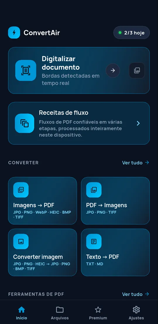 Tela inicial do ConvertAir: digitalização de um documento, receitas de fluxo de trabalho e conversões