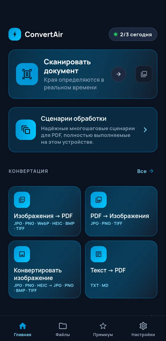 Главный экран ConvertAir: сканирование документа, сценарии работы и преобразования