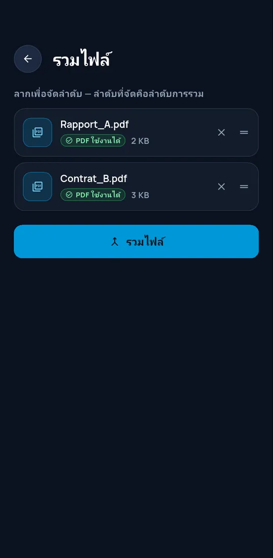 หน้าจอรวมไฟล์ที่มี PDF ซึ่งตรวจสอบแล้วสองไฟล์