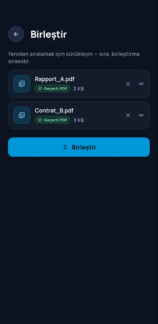 Doğrulanmış iki PDF bulunan Birleştirme ekranı