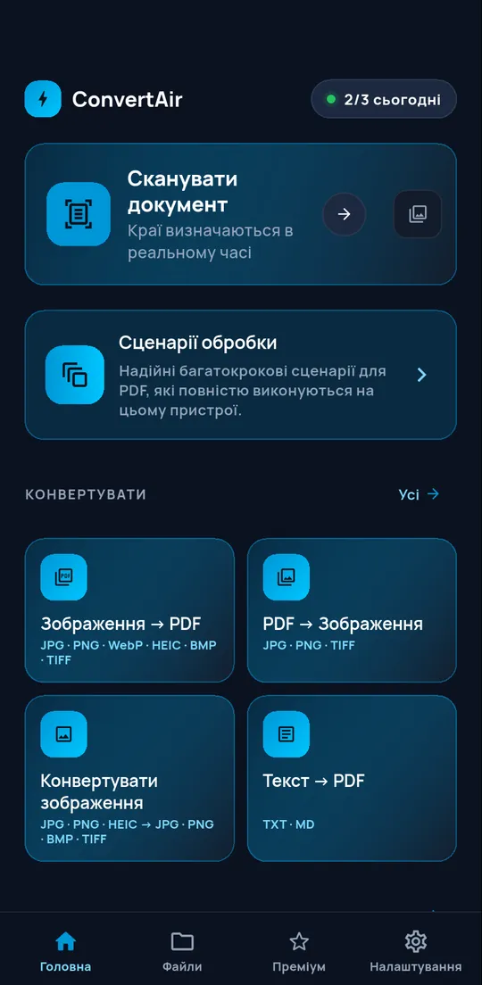 Головний екран ConvertAir: сканування документа, сценарії роботи й перетворення