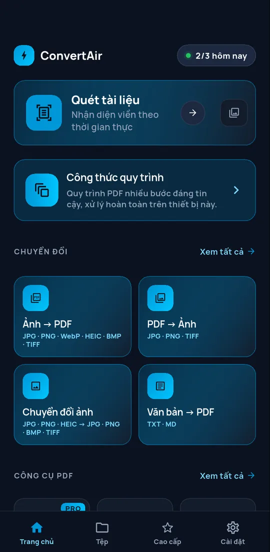 Màn hình chính ConvertAir: quét tài liệu, quy trình mẫu và chuyển đổi