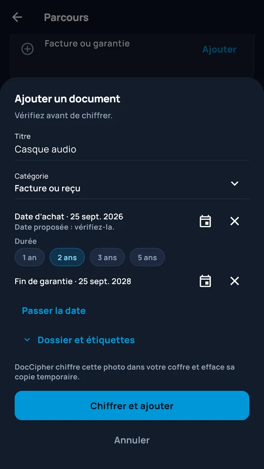 Ajout d'un document photographié dans DocCipher