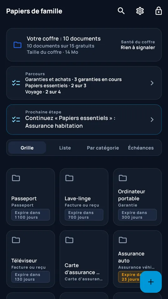 Coffre DocCipher « Papiers de famille » : dix documents, parcours et échéances