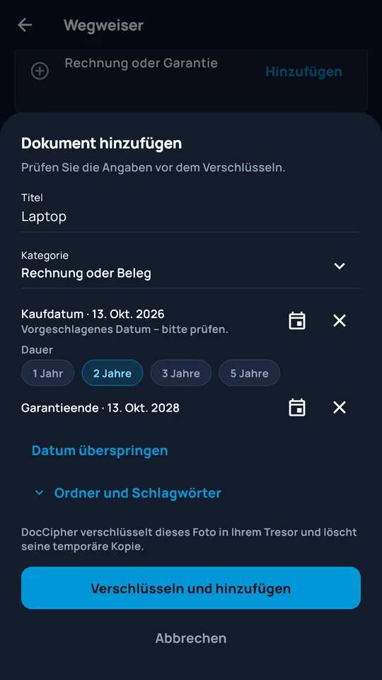 Hinzufügen eines fotografierten Dokuments in DocCipher