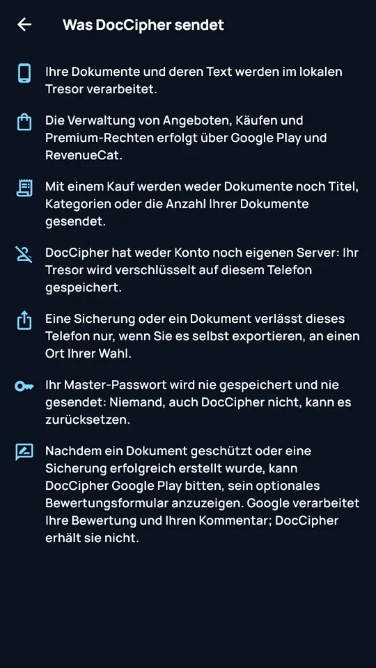 Bildschirm „Was DocCipher sendet“