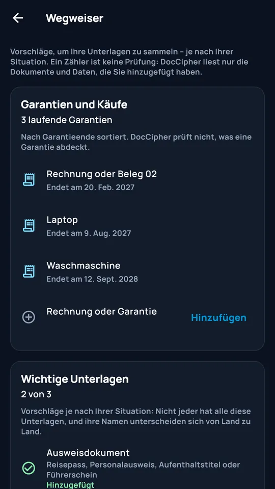 DocCipher-Abläufe: Garantien und wichtige Unterlagen