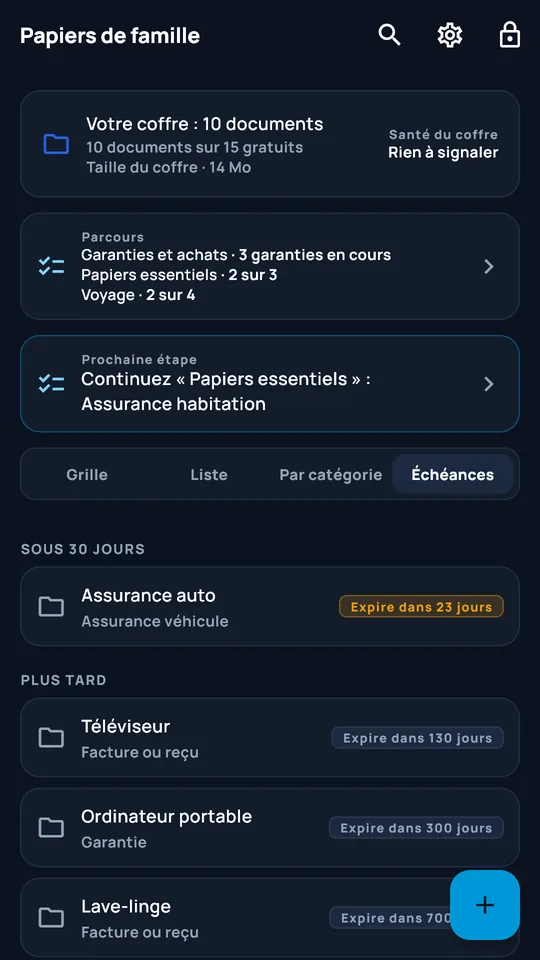 Vue Échéances de DocCipher