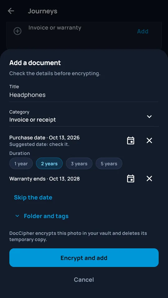 Adding a photographed document to DocCipher
