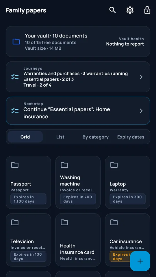 DocCipher ‘Family documents’ vault: ten documents, checklists and expiry dates