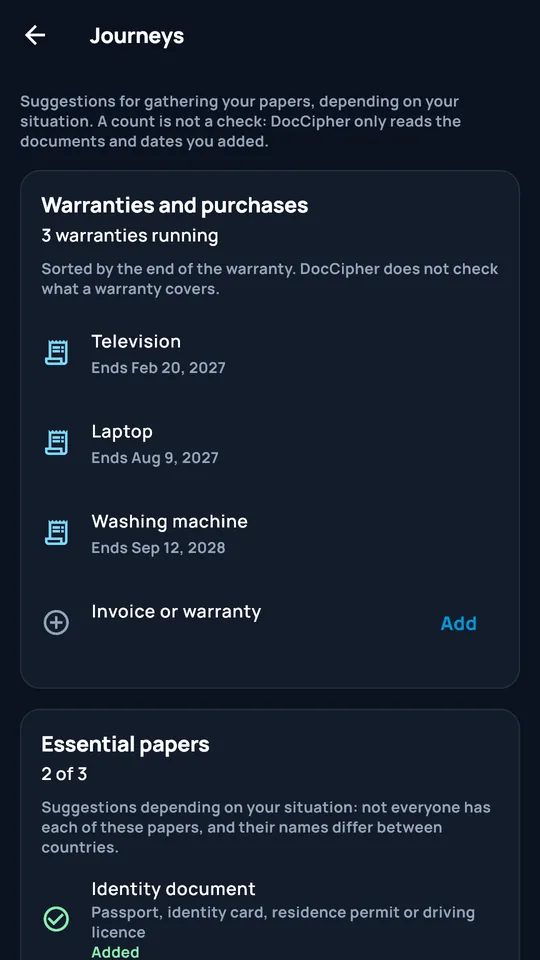 DocCipher checklists: warranties and essential documents