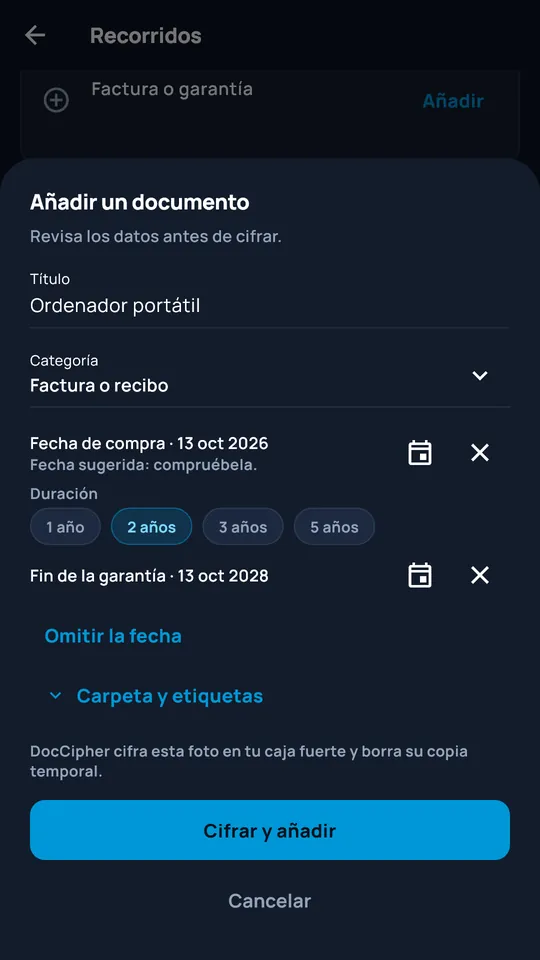 Adición de un documento fotografiado a DocCipher