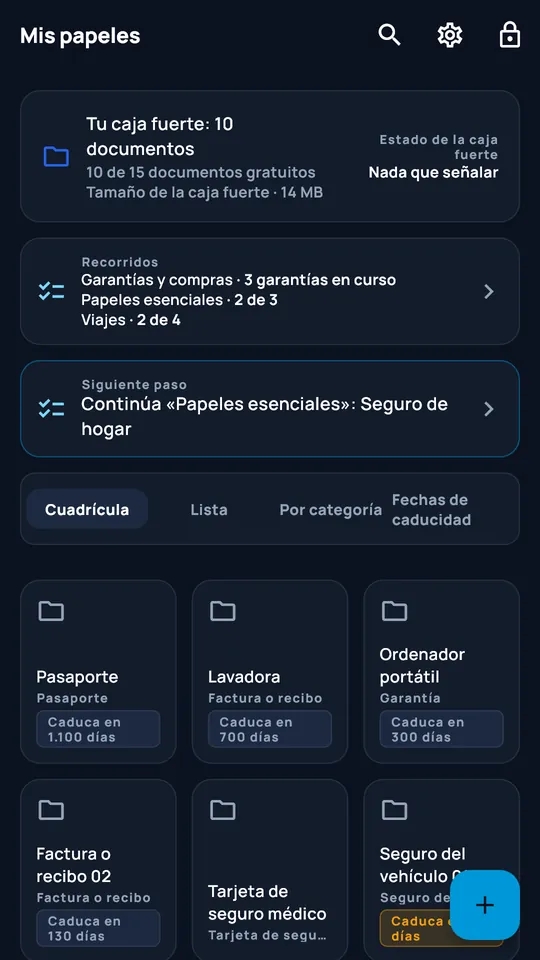 Caja fuerte «Documentos familiares» de DocCipher: diez documentos, recorridos y vencimientos