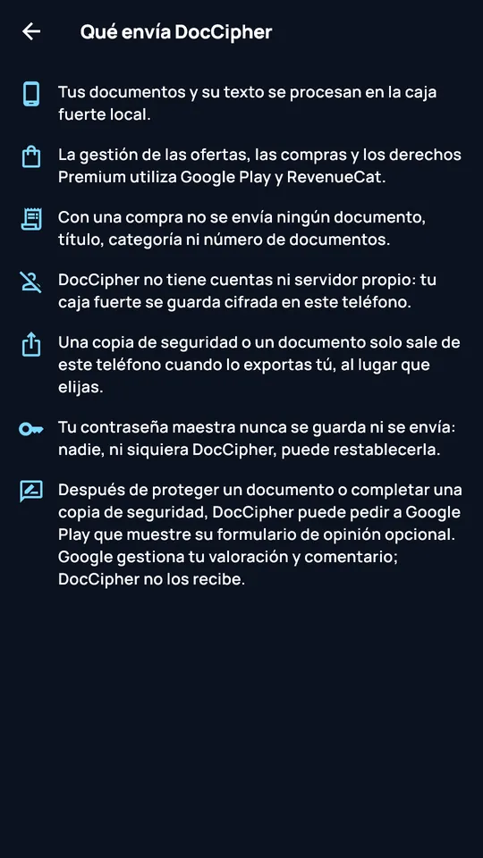 Pantalla «Lo que envía DocCipher»