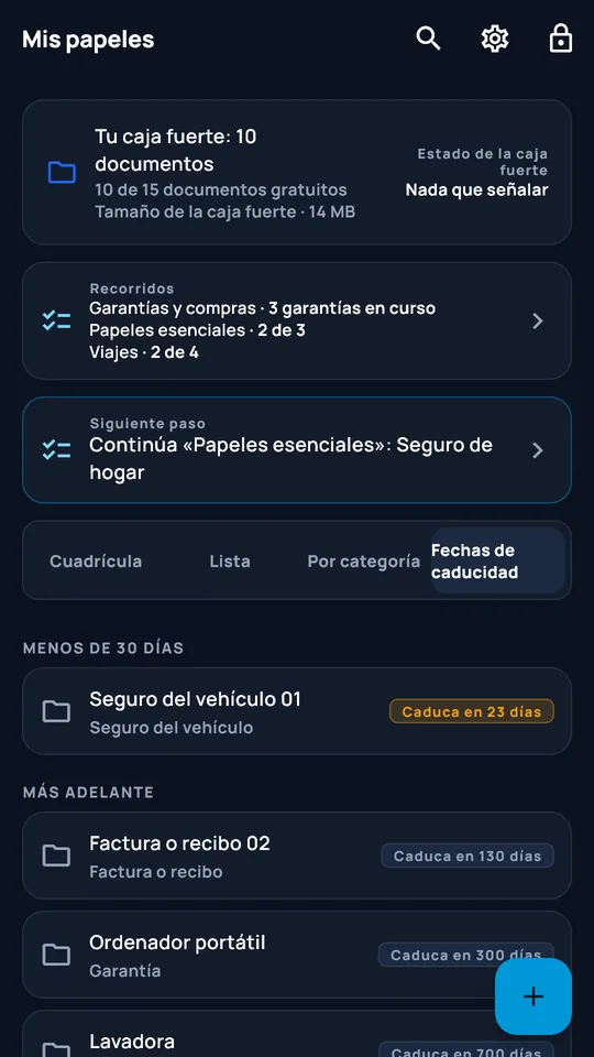 Vista Vencimientos de DocCipher
