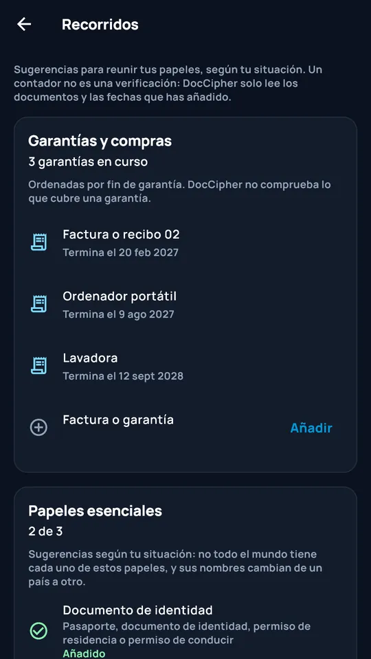 Recorridos de DocCipher: garantías y documentos esenciales