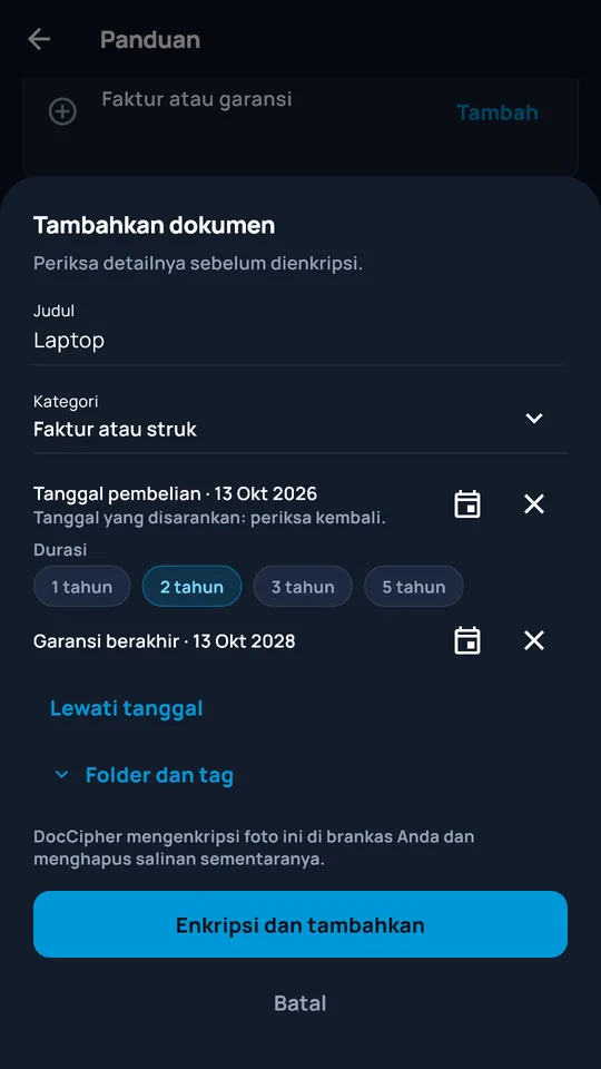 Menambahkan dokumen yang difoto ke DocCipher