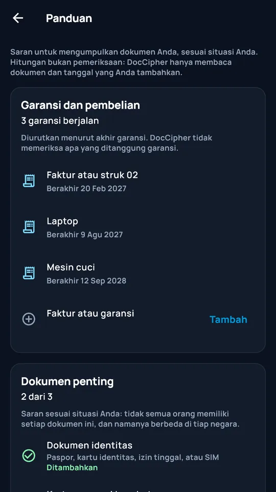Alur DocCipher: garansi dan dokumen penting