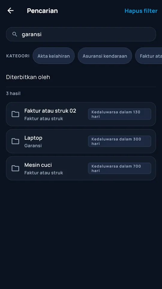 Pencarian terfilter di DocCipher