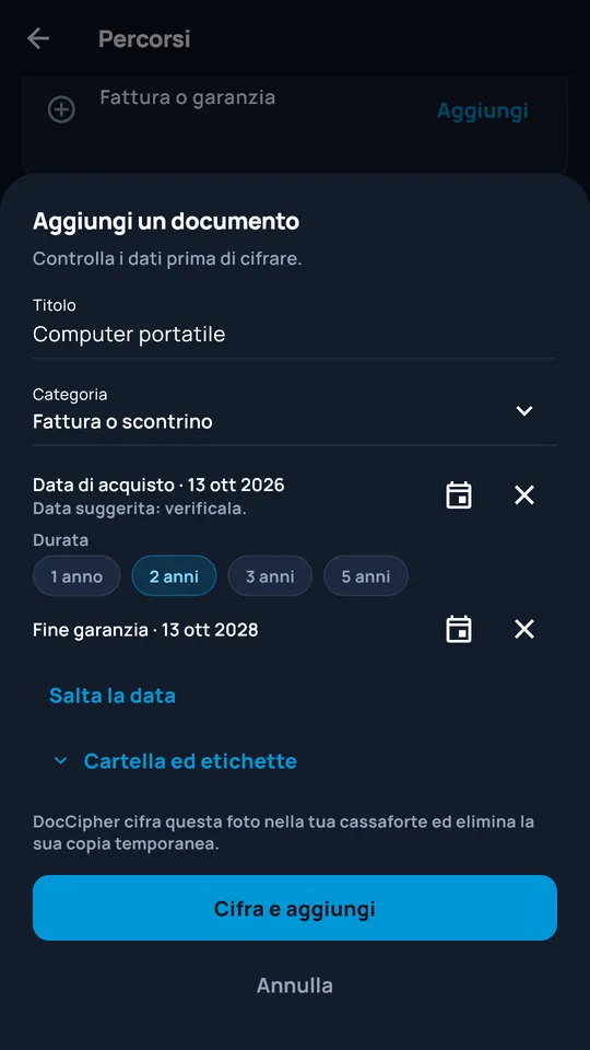 Aggiunta di un documento fotografato in DocCipher