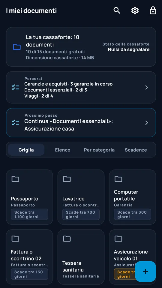 Cassaforte DocCipher «Documenti di famiglia»: dieci documenti, percorsi e scadenze