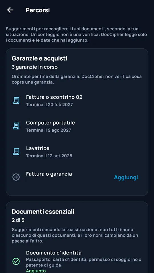 Percorsi DocCipher: garanzie e documenti essenziali