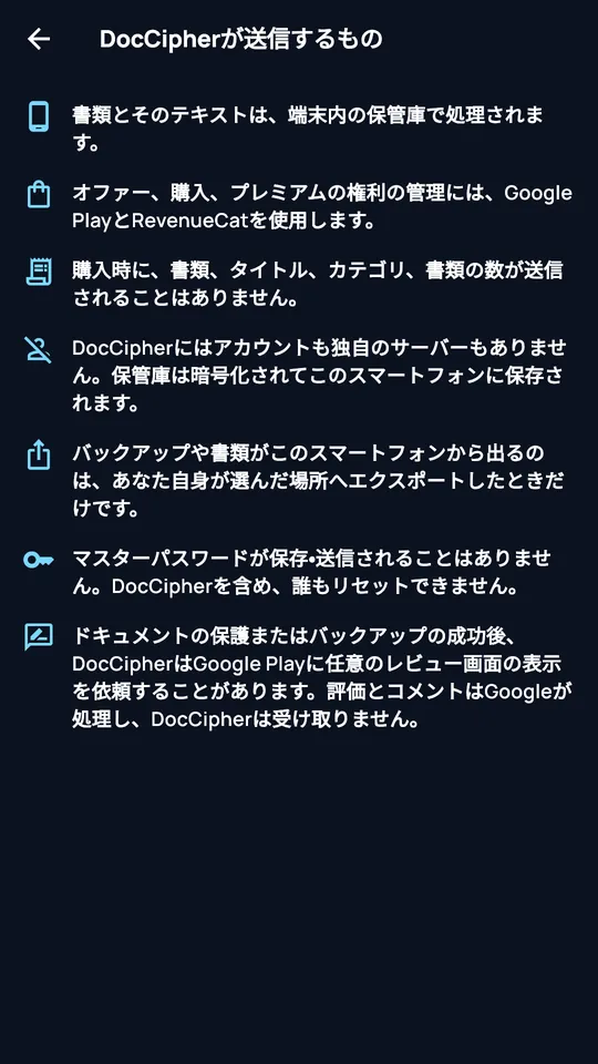 「DocCipherが送信する情報」画面