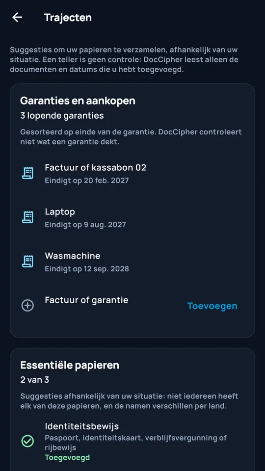 DocCipher-trajecten: garanties en essentiële documenten