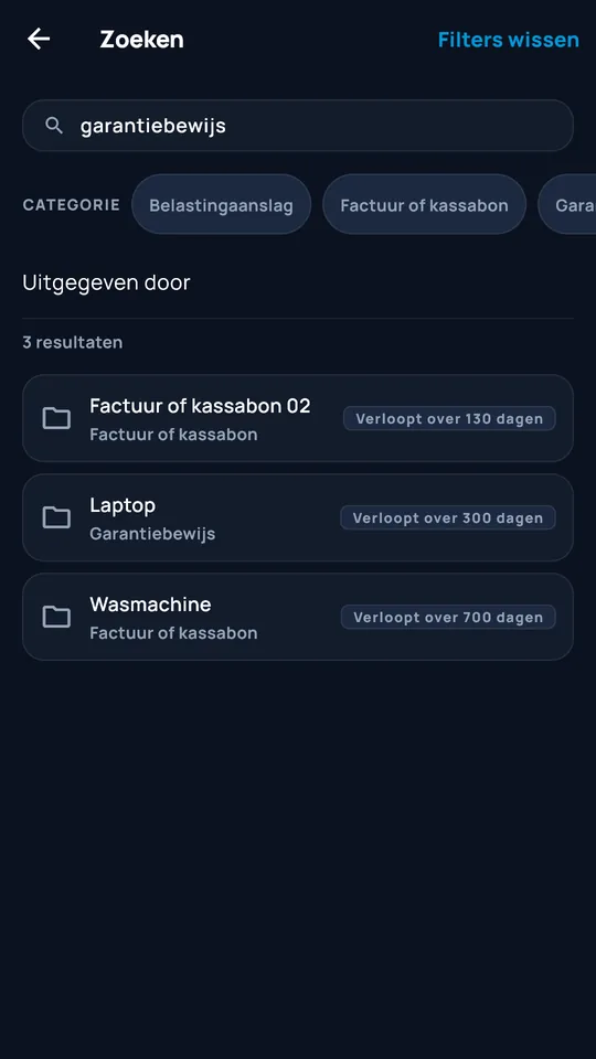Gefilterde zoekopdracht in DocCipher