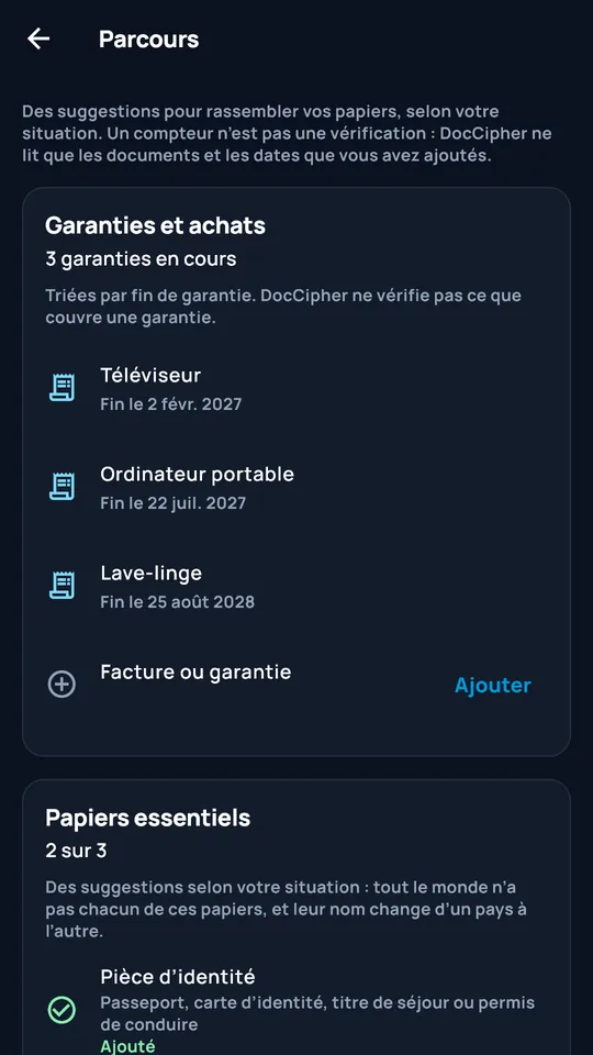 Parcours DocCipher : garanties et papiers essentiels