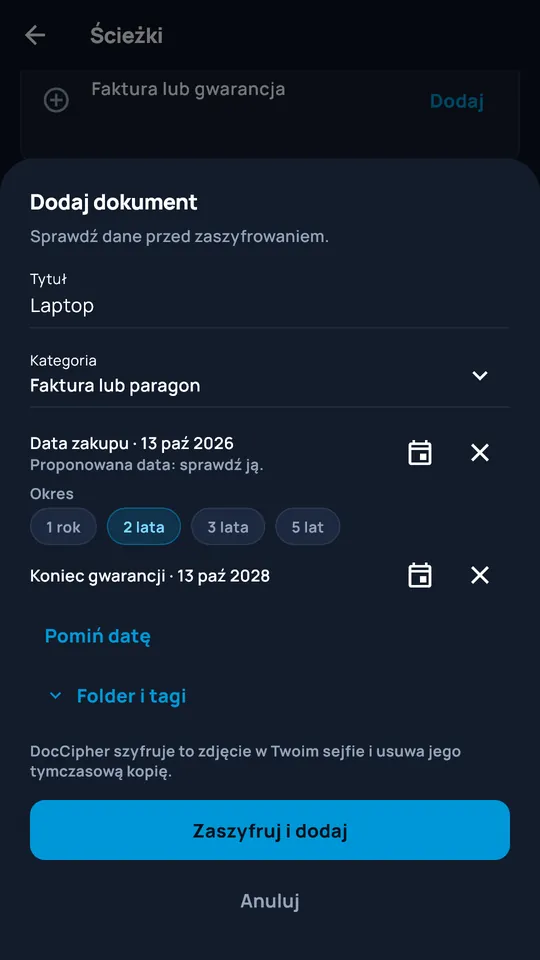 Dodawanie sfotografowanego dokumentu do DocCipher