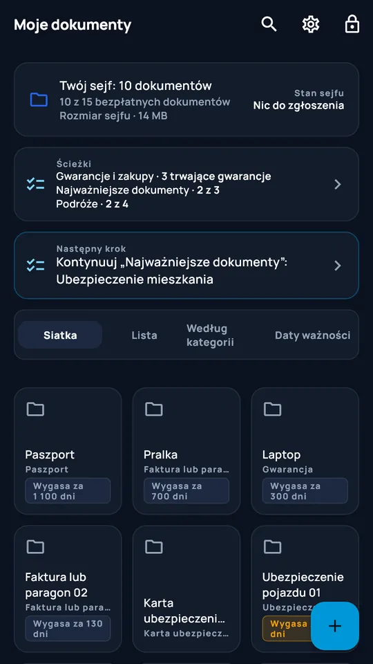 Sejf DocCipher „Dokumenty rodzinne”: dziesięć dokumentów, listy zadań i terminy
