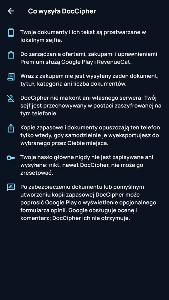 Ekran „Co wysyła DocCipher”