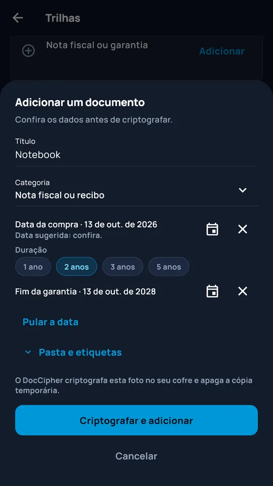Adição de um documento fotografado no DocCipher