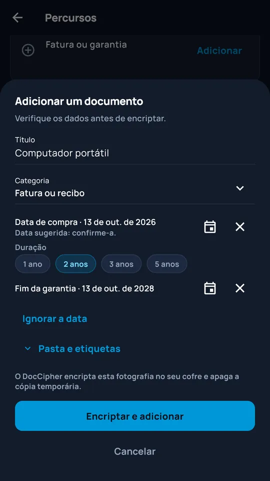 Adição de um documento fotografado no DocCipher