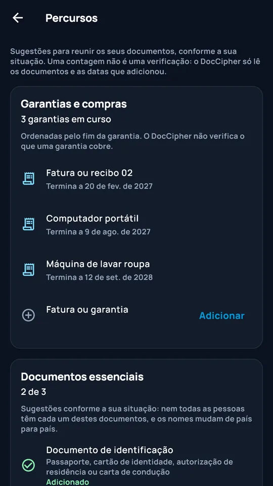Percursos DocCipher: garantias e documentos essenciais