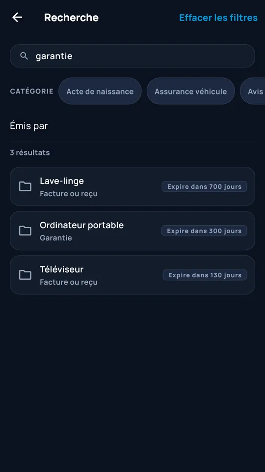 Recherche filtrée dans DocCipher
